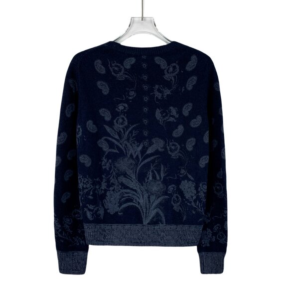 DW0471 Christian Dior Blue Flower Inlay Cashmere Round Neck Long Sleeve Sweater - Picture 2 of 8